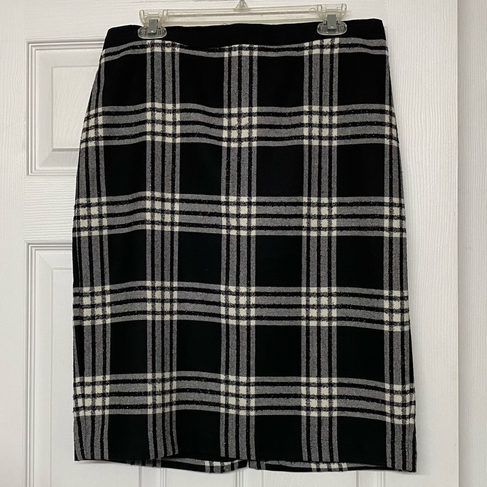 Talbots Black & Ivory Classic Plaid Wool Blend Skirt Metallic Sz 12 Petite